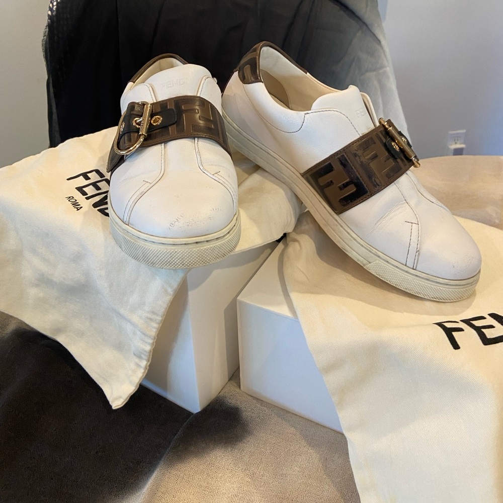 Womens Fendi  White and Brown Logo Sneakers